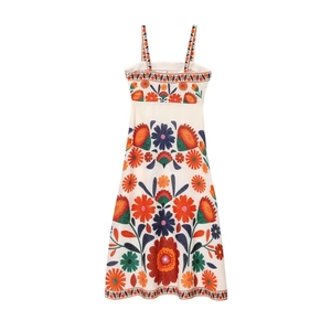 White summer spaghetti strap midi dress with vibrant floral abstract patterns