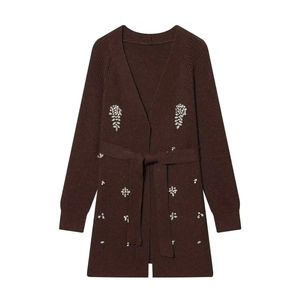Dark brown ribbed knit cardigan with sparkling rhinestone flower motifs and tied waist