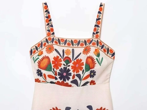 Detailed view of bohemian floral print and embroidery on cotton linen summer dress