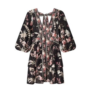 Floral V-neck puff sleeve ruffled dress with pink flower print on black fabric