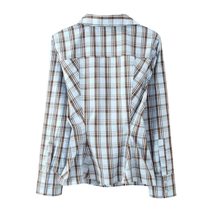 Women's slim fit long sleeve plaid poplin shirt in light blue and brown check pattern