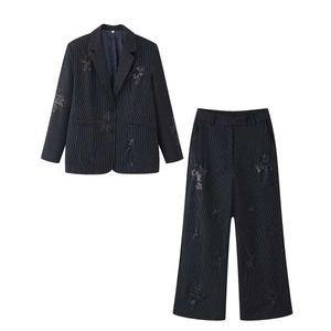 Women Elegant Pinstripe Suit Sequined Floral Embroidered Notched Lapel Blazer High Waist Wide Leg Pants Two-Piece Set