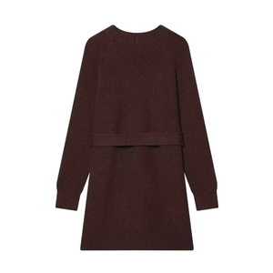 Close-up of a burgundy knit cardigan featuring a round neck and matching waist tie