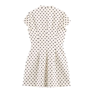 Detailed back view of a slim-fit polka dot mini dress with invisible zipper closure