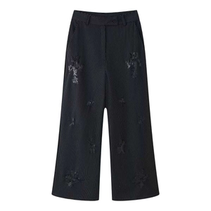 Vertical pinstripe wide-leg trousers with distressed patch details in dark gray finish