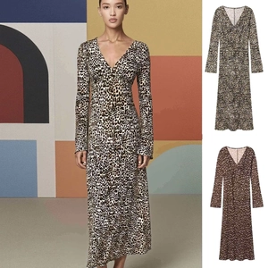 Women's V-Neck Pleated Print Maxi Dress Elegant Long Sleeve Leopard Floral Casual Long Dress