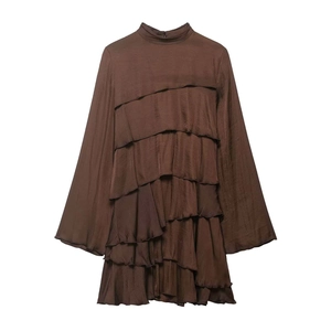 Women High Neck Long Sleeve Satin Tiered Mini Dress Elegant Solid Color Ruffle Cake Dress Evening Party Fashion Short Dress