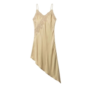 Robe Combinette Sexy en Satin pour Femmes Or Champagne Bordure en Dentelle Ourlet Asymétrique Col en V Sans Manches Élégante Robe Maxi de Fête