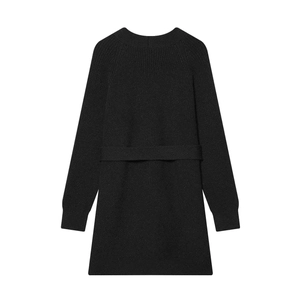 Close-up detail of black knitted cardigan with matching belt and textured fabric