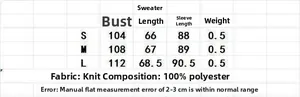 Size chart for women's high neck knit sweater showing chest, length, sleeve, and material details