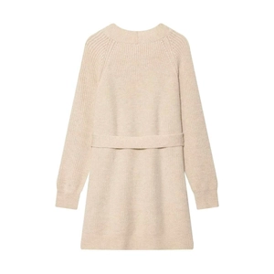 Back view of a knit beige cardigan featuring a tied waist belt and ribbed texture details