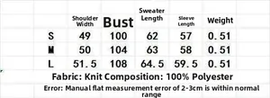 Size chart for striped knit sweater with measurements for S, M, L in 100% polyester