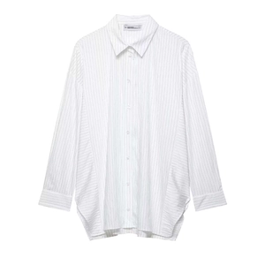 Classic white long-sleeve pinstripe shirt for women featuring a loose casual fit