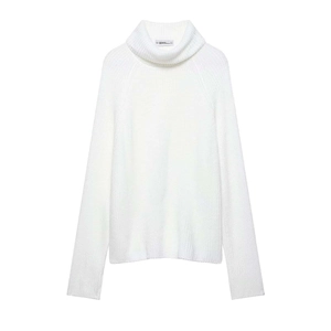 Women's Elegant Polyester High Neck Knit Sweater White Solid Color Back Split Long Sleeve Pullover Casual Warm Top