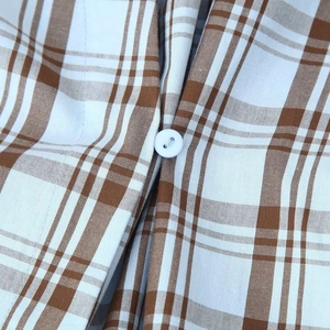 Classic brown and blue plaid poplin shirt with a white round button detail close-up