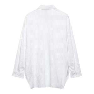 Women's casual loose fit white shirt with fine dark vertical stripes shown from back view