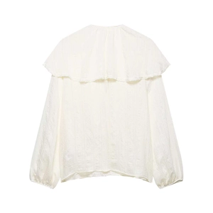 Chemise chic blanc cassé à manches longues avec col à volants et bordure en dentelle