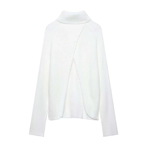 Minimalist white high neck knit sweater featuring a stylish back overlap design and split hem