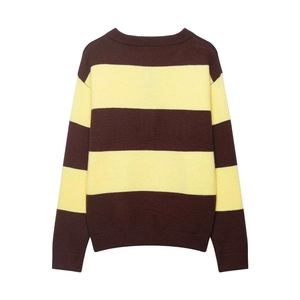 Casual loose-fit striped knit sweater with round neck and long sleeves in brown and yellow