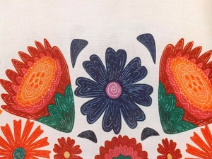 Close-up of ethnic floral print on high-quality cotton linen summer dress fabric