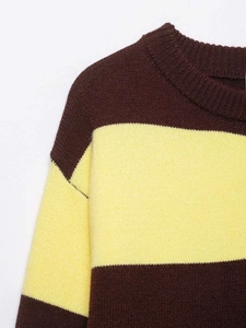 Close-up of the ribbed crew neck and soft striped knit texture of the sweater