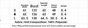 Detailed size chart for blue striped knit sweater with shoulder and chest measurements