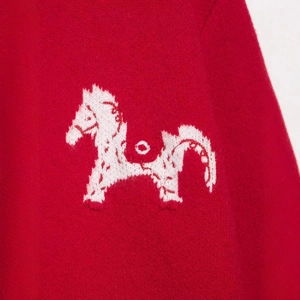 Chic red knit cardigan with a white horse jacquard pattern for autumn fashion