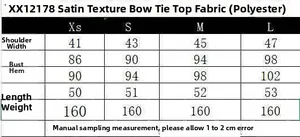 Detailed size chart for satin bow top showing shoulder, bust, and length measurements