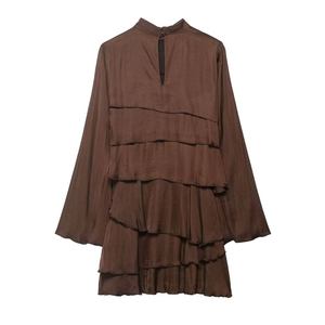 Brown satin long sleeve mini dress with high neck, cutout detail and tiered ruffles