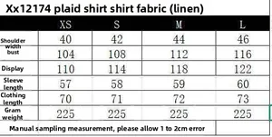 Detailed size guide table for women's blue and white checkered linen long sleeve shirt