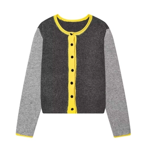 Women Retro Color Block Knit Cardigan Round Neck Long Sleeve Button Down Sweater Contrast Trim Grey Yellow Casual Top