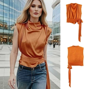 Women Elegant Satin Sleeveless Top Stand Collar Bow Tie Waist Pleated Orange Blouse High Neck Summer Commuter Shirt