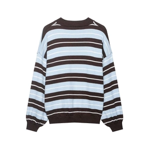 Loose fit blue and brown striped knit sweater with ribbed cuffs and drop shoulder design