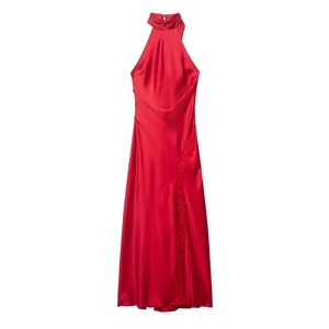Women Sexy Halterneck Satin Maxi Dress Red Open Back Lace Trim Sleeveless Elegant Evening Party Long Dress Slim Fit