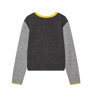 Color block knit sweater with charcoal body and light grey sleeves with yellow rib trim
