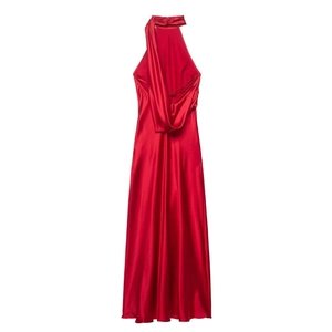 Elegant red satin halter neck maxi dress with scarf collar and open back design