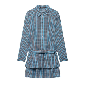 Women Vintage British Plaid Long Sleeve Shirt Dress With Belt Tiered Ruffle Hem Casual A-Line Mini Dress Blue Brown Plaid