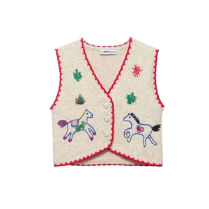 Women Vintage Knitted Vest With Red Crochet Trim Contrast Horse Embroidery V Neck Sleeveless Waistcoat Short Top