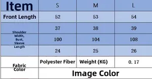 Size chart with measurements in cm for striped knit top in blue and brown