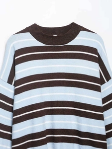 Detailed view of the crew neck and fine knit texture of this blue striped sweater