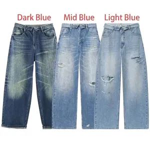 Vintage High Waisted Ripped Wide Leg Jeans For Women Distressed Washed Straight Denim Pants Casual Streetwear Loose Trousers