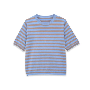 Women Casual Blue Brown Striped Knit Top Round Neck Short Sleeve Loose Pullover Knitted T-Shirt Fashion Sweater Daily