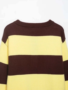 Detail of the back neckline and knit texture on the yellow and brown striped sweater