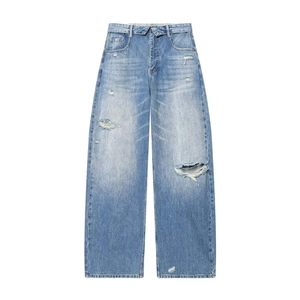 Vintage light blue wide-leg jeans with V-shaped cross waist and distressed ripped details