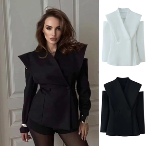 Women Sexy Cut Out Shoulder Blazer Elegant Slim Fit Double Breasted Solid Color Long Sleeve Suit Jacket Office Lady Casual Top