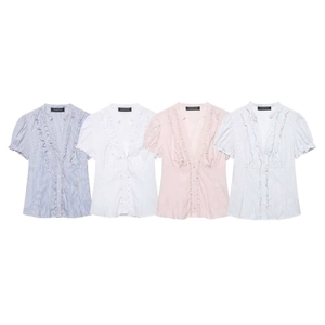 Women's V Neck Short Sleeve Striped Blouse With Ruffles Summer Casual Loose Button Up Shirt Tops For Office Daily Wear