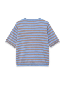 Detailed flat lay of blue and brown striped knit short sleeve top with ribbed crew neck