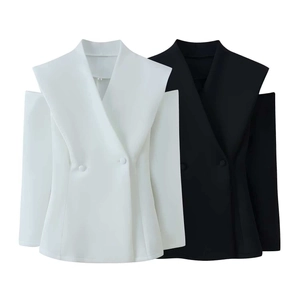 Women's off-shoulder fitted blazer in black and white with double-breasted buttons