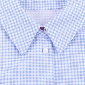 Classic blue and white gingham long sleeve shirt with a sharp collar and button details