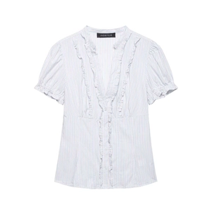 Women's V-neck blue and white striped short sleeve shirt with ruffle trim detailing